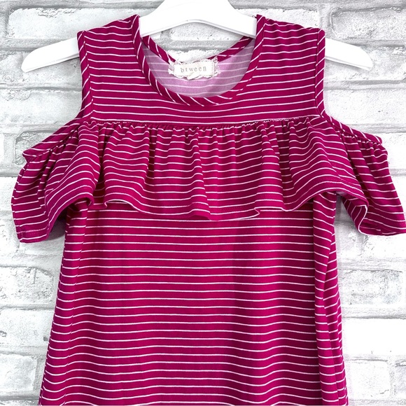 Btween Girls Berry White Stripes Cold Shoulder Short Sleeve Dress - Sz 8 (Girls) - Picture 2 of 7